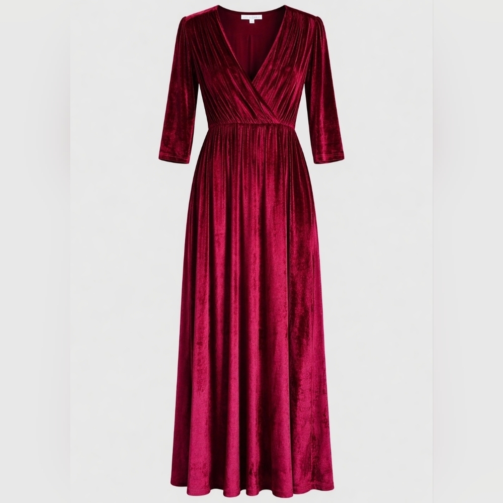 3X Baltic Born Sofia Velvet Maxi Faux Wrap V-neck 1/2 Sleeve Formal Elegant Red